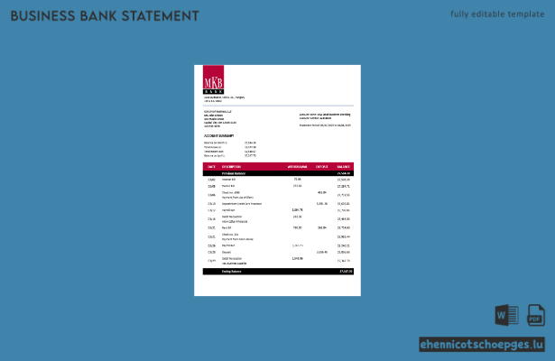 Ungarische MKB Bank Geschäftskontoauszug Word- und PDF-Beispielvorschau